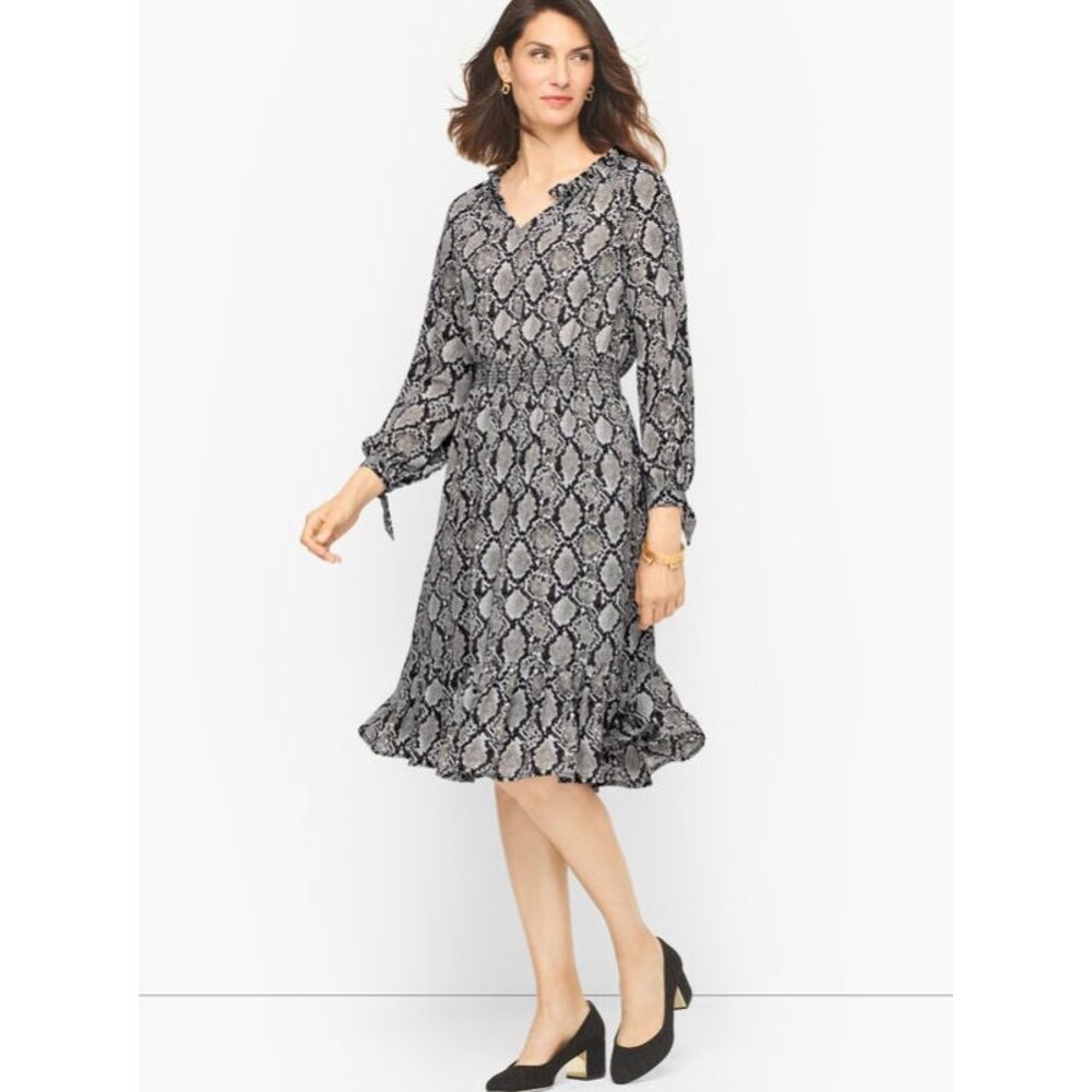 Talbots Fit & Flare Dress XS Tie Sleeve Snake Print Work Travel Euro Summer